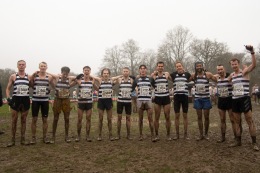 Highgate Harriers' first 12 senior men at the end of the last Met League fixture, looking delighted after winning the league for the 12th consecutive time