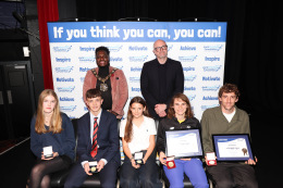 Highgate Harriers Jack Petchey Achievement and Leader Award winners Carys Tomlinson, Denis O'Shea, Lili Hake, Hannah Viner, and Chris Rainsford posing with the Mayor of Camden and Jack Lundie at the presentation evening